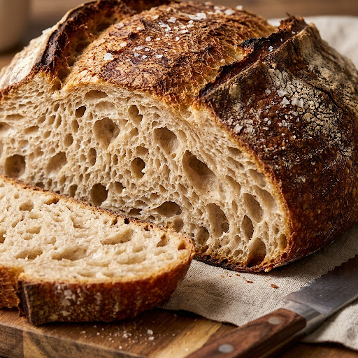 Rustic artisan sourdough loaf with open crumb on a wooden board